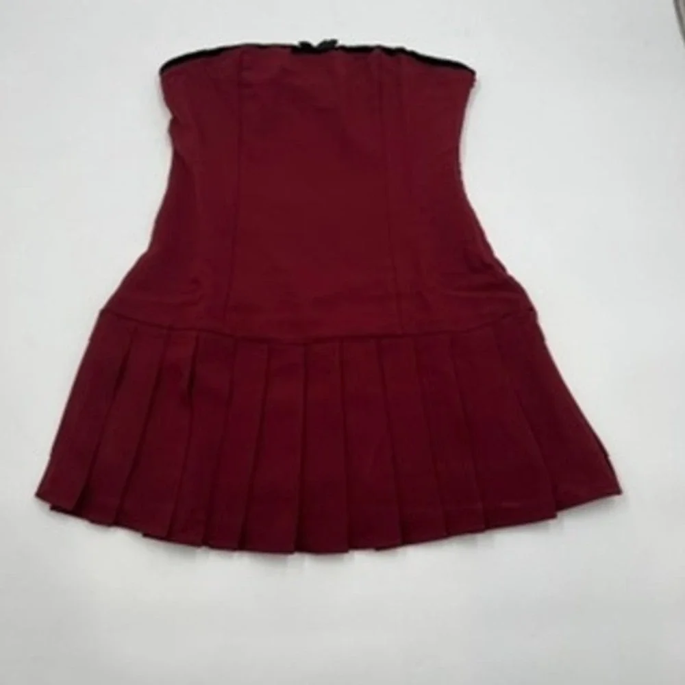 Hyfve Womens Strapless Pleated Mini Dress Burgundy‎ Velvet Trim Bow Size Small